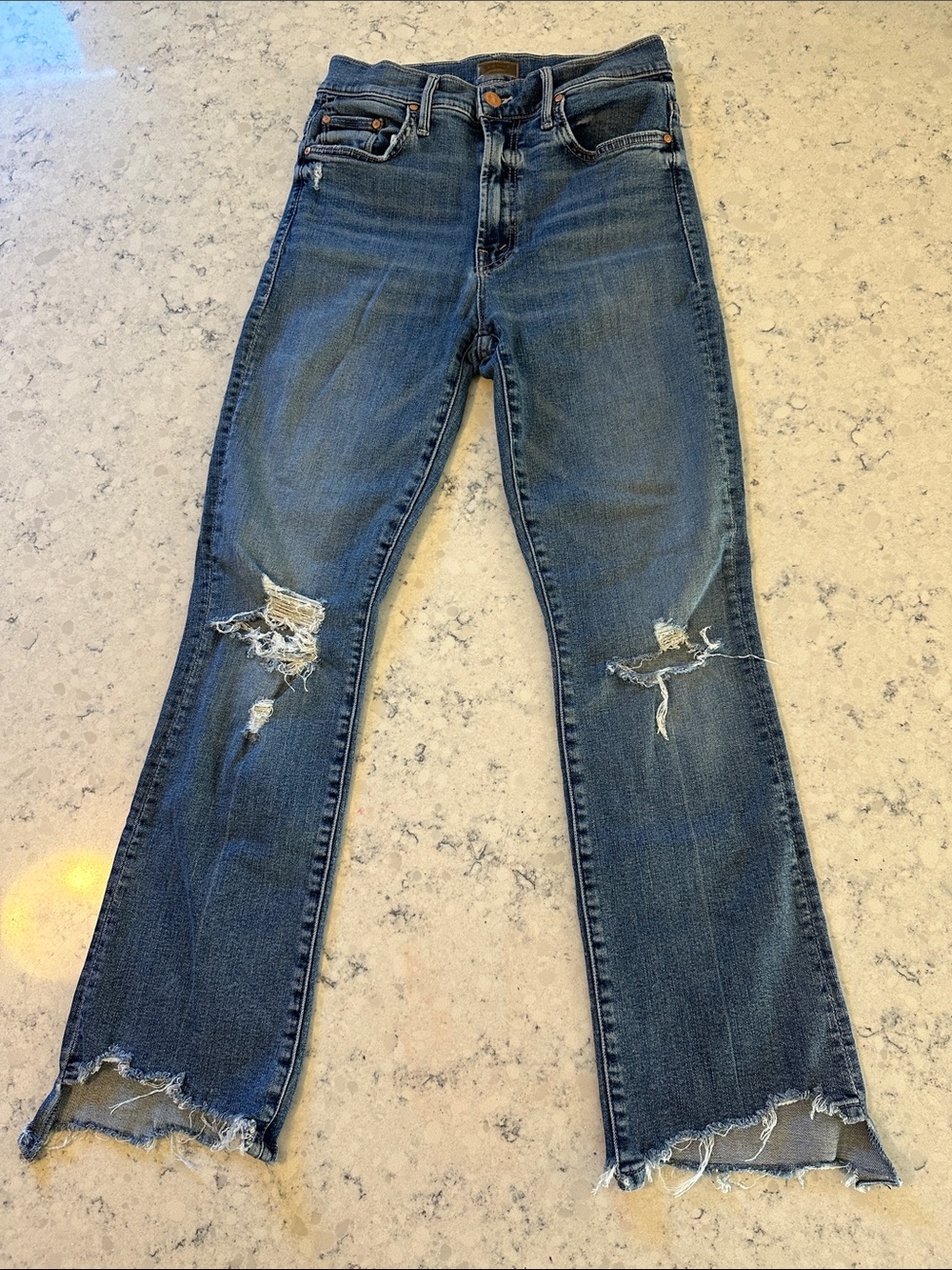 MOTHER Distressed Blue Flare Crop Jeans with Frayed Hem